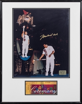 Muhammad Ali Signed Photo of 1996 Olympic Torch Lighting With Ticket in 23 x 29 Framed Display (JSA)